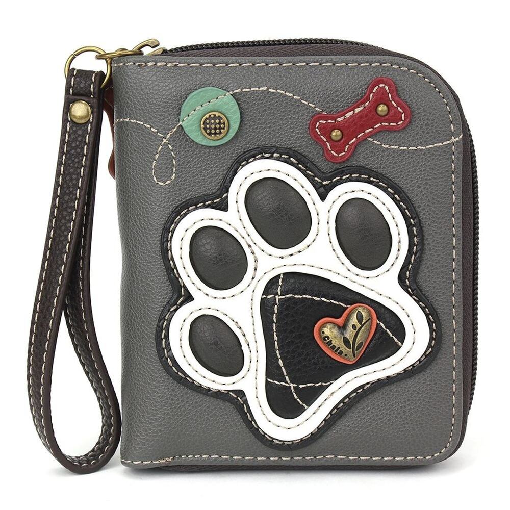 Chala Faux Leather Zip Credit Card Wallet Wristlet - B&W Paw Print, Gray NWT